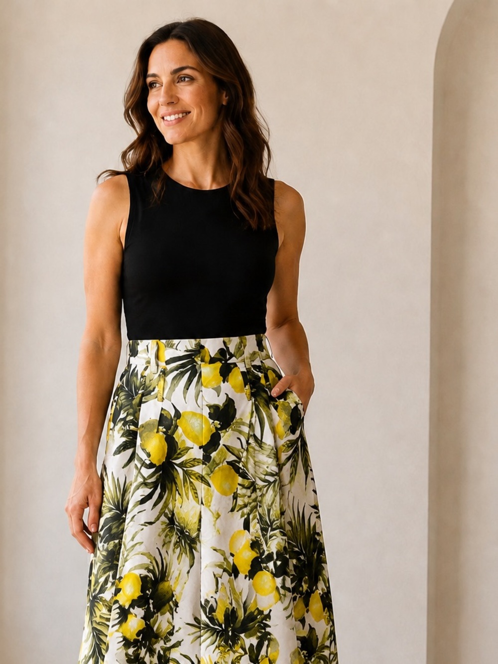 Midi Skirt with Yellow Lemon & Green Leaf Print